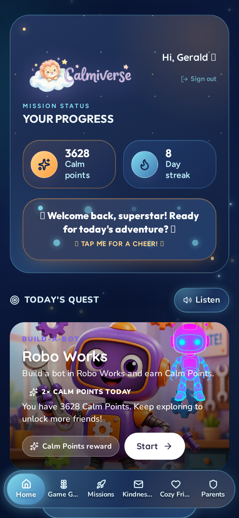 Child home dashboard on a phone — progress, daily quest, and cozy friends